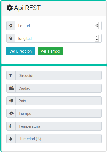 Imagen de una captura de pantalla del navegador Firefox, en la que se muestra una parte de la aplicación web híbrida. La pantalla tiene dos cuadros de texto para introducir latitud y longitud, dos botones con el texto “Ver dirección” y “Ver Tiempo” respectivamente, y otros seis cuadros de texto para ver los datos de la dirección, ciudad, país, tiempo, temperatura y humedad.