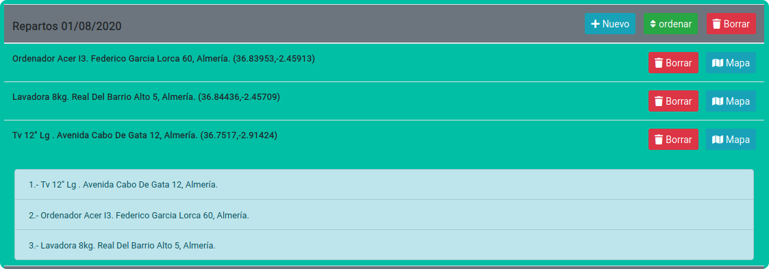 Imagen de una página web donde se ve Repartos 01/08/2020 Debajo tres envios a distintas zonas, debajo de los tres envios vuelven a aparecer los mismos en una lista numeradart