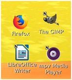 Imagen que muestra 4 logos de aplicaciones informáticas.Está compuesto por un navegador web (Firefox), un editor de imágenes (Gimp), un procesador de texto (LibreOffice Writter) y un reproductor multimedia ( Media Player). 