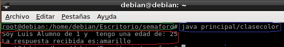 Crear, compilar y ejecutar un programa 6. Captura de pantalla donde se muestra el directorio de inicio del proyecto y se ejecuta el intérprete java: “java principal/ClaseColor”.