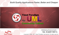 Anagrama del inicio de VP-UML. Aparece el icono de Visual Paradigm formado por un círculo rojo con borde blanco y tres líneas curvas que parten del centro, seguido del nombre de la aplicación Visual Paradigm for UML. Sobre un fondo de tonos rojizos. En la parte superior de la imagen aparece el mensaje Build Quality Aplications Fater, Better and cheeper. En la parte inferior se puede leer el texto Initializing environment, el número de la versión y el copyright.