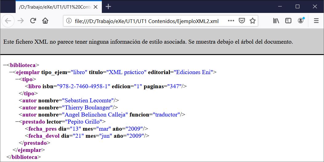 Ilustración de cómo se visualiza en un navegador web el ejemplo XML.