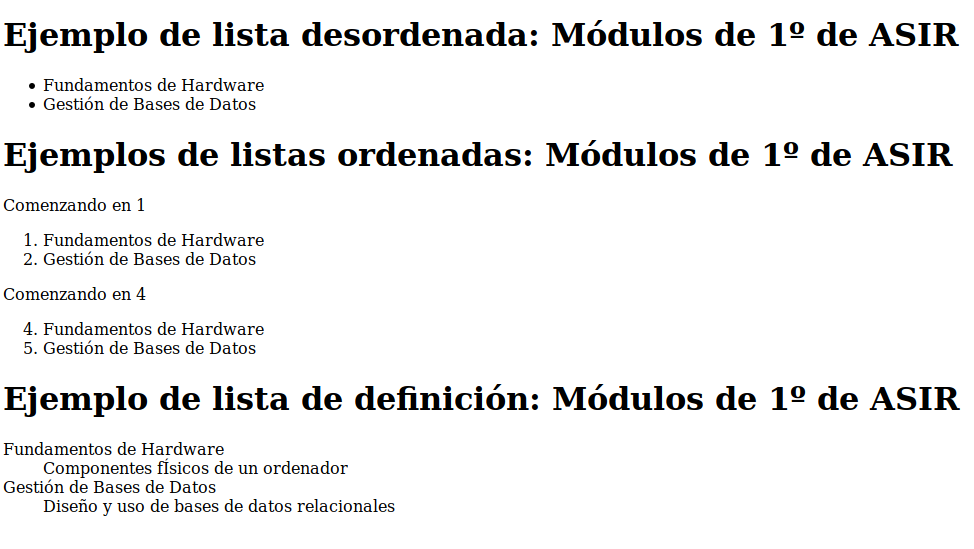 Listas HTML Ilustración de cómo se visualiza en un navegador web el ejemplo HTML.