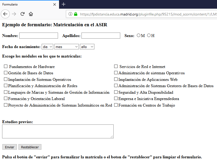 Ilustración de un ejercicio de formulario HTML
