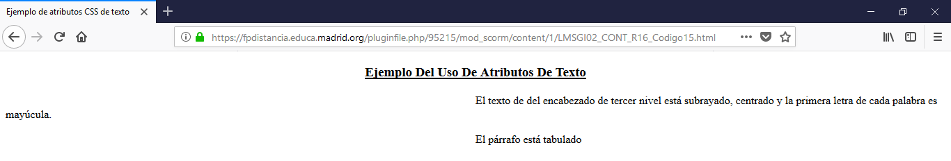 Ilustración de cómo se visualiza en un navegador web el ejemplo CSS con Propiedades de Texto.
