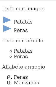 Ilustración de cómo se visualiza en un navegador web el ejemplo CSS Propiedades de lista