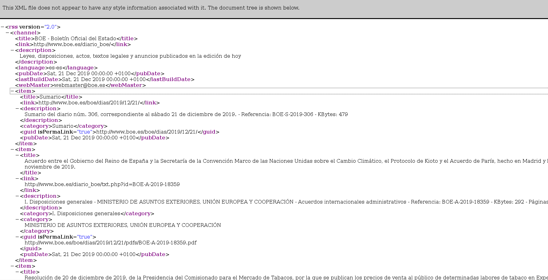 Imagen del código del Canal RSS del BOE