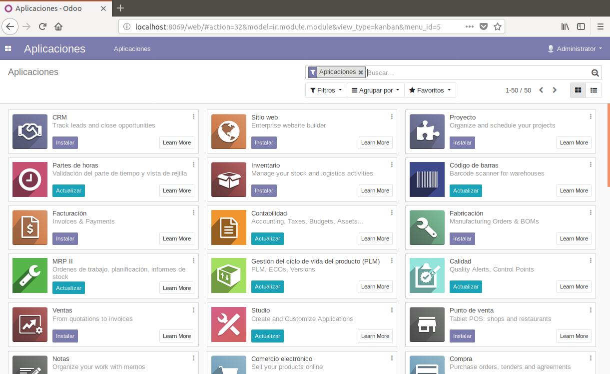 Imagen con todos los módulos de Odoo1 en modo mosaico.