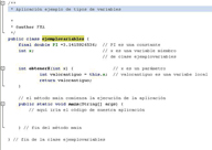 Imagen del código para la creación de distintos tipos de variables en una aplicación Java. Se adjunta código del ejemplo en enlace debajo de la foto.