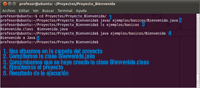 Se muestra un terminal de Ubuntu donde se describen los pasos para compilar y ejecutar un proyecto con varios paquetes: 1.- Situarnos en el directorio del proyecto, 2.- Compilar la clase Bienvenida.java, 3.- Comprobar que se ha creado el .class, 4.- Ejecutamos el proyecto, 5.- Resultado de la ejecución.