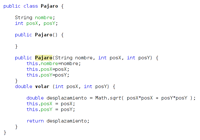 Código de declaración de la clase Pajaro. Destaca el constructor por parámetros que inicializa los atributos de la clase y el método volar() que calcula el desplazamiento del pájaro a partir de una posición dada.