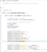 Código de la clase EntradaTecladoScanner que pide varios tipos de datos  por teclado y después muestra los valores leídos por pantalla.