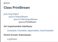 Imagen que muestra la parte de la Biblioteca de clases de Java donde aparece la clase PrintStream contenida dentro del paquete java.io.