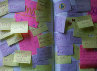 Dos páginas de un libro repletas de postits con anotaciones.