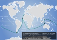 Mapa en el que se ve la ruta de Magallanes y ElCano. 