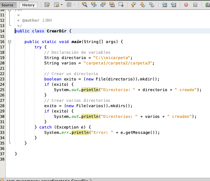 Crear carpetas. Imagen del código Java para crear carpetas.
