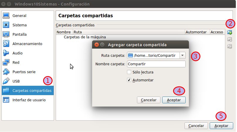 Crear una carpeta compartida. Ilustración de Crear una carpeta compartida con la ventana de agregar una carpeta compartida.