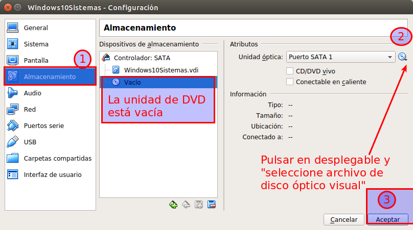 Introducir la iso de instalación de Windows dentro de la máquina. Ilustración de Introducir la iso de instalación de Windows dentro de la máquina.