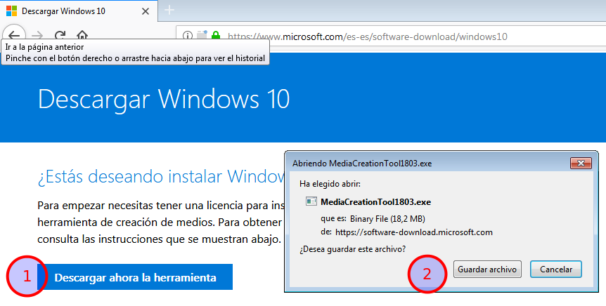 Descarga de herramienta para descarga iso de Windows Ilustración de la página que aparece en el navegador pulsamos "Descargar herramienta" y "Guardar archivo"