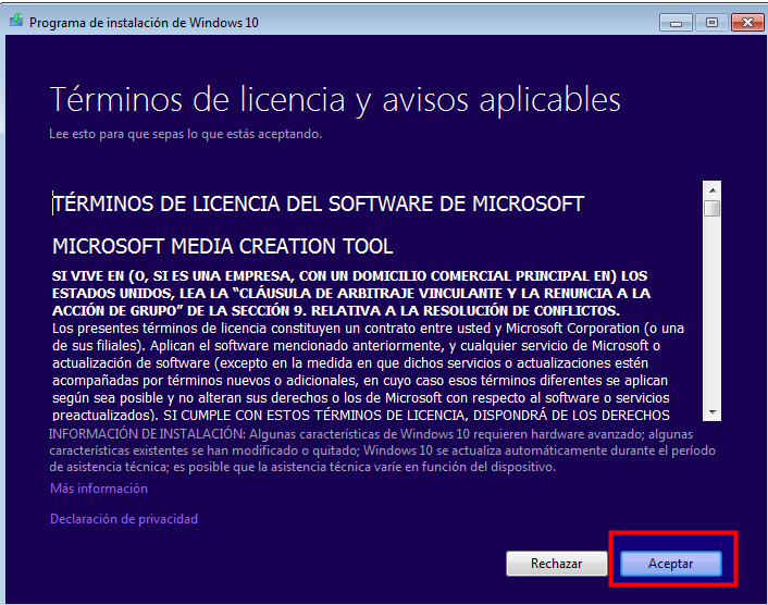 Aceptar licencia en la herramienta para descarga. Ilustración donde se indica donde Aceptar licencia en la herramienta para descarga.