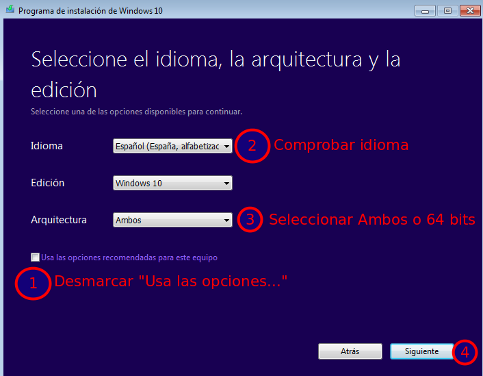 Seleccionar arquitectura e idioma de la iso a descargar Ilustración donde se configura idioma español, edición windows 10, arquitectura ambos y desmarcar usar las opciones.