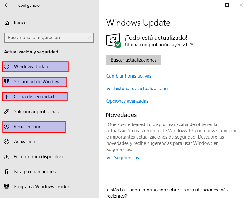 Configuración. Actualización y seguridad Ilustración que muestra ventana de "Actualización y seguridad"