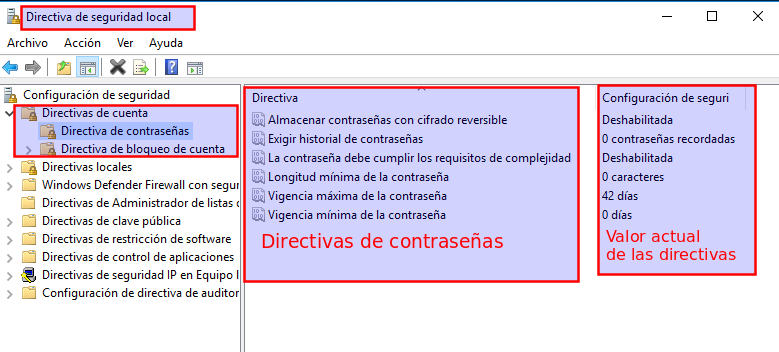 Directivas Contraseña Ilustración que muestran las directivas de contraseña en ventana directivas de seguridad
