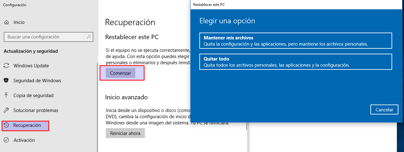 Restablecer Windows 10 Ilustración que muestra la pantalla de recuperación, se pulsa Comenzar para reinstalar Windows