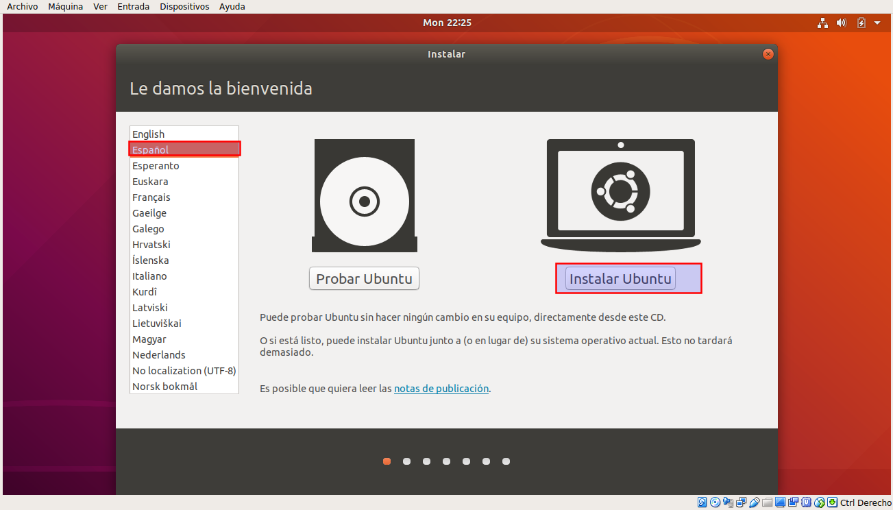 Seleccionar idioma e Instalar Ilustración Seleccionar idioma e Instalar, español.
