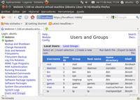 Ventana de Webadmin, para administración de los usuarios y grupos del sistema.