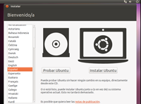 Pantalla de bienvenida donde se selecciona el idioma de la instalación.