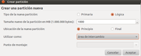 Formulario en el que se crea la partición swap.
