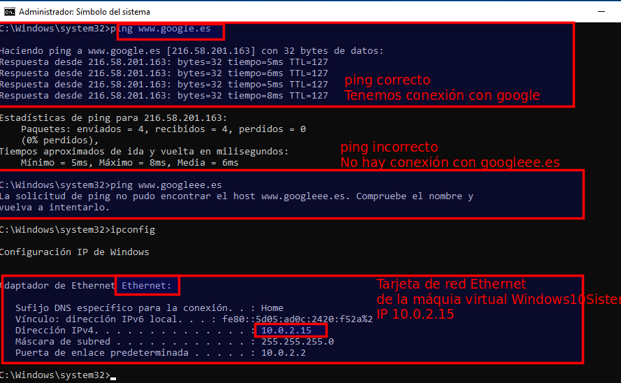 Ejecución ping e ipconfig. Ilustración de Ejecución ping e ipconfig.