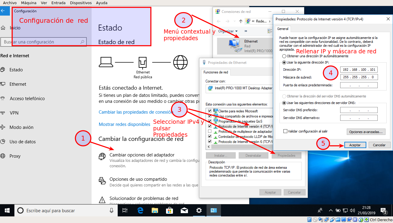 Configurar IP y máscara de red. Ilustración de Configurar IP y máscara de red.