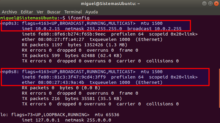 Ifconfig servidor Ilustración que muestra el comando ifconfig en la máquina servidor