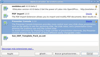 En la captura  se muestran las extensiones que tengo instaladas en el Open Office 3.3 instalado en la máquina con que estoy trabajando.