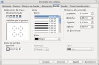 Ventana dialogo Formato celdas Bordes en la que se tiene acceso a todas las posibilidades de dar bordes a una serie de casillas o rango de la zona de trabajo.