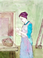 Ilustración artística en la que se ve una mujer leyendo una carta.