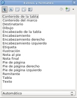 En esta captura se puede ver la ventana estilo y formato con sus opciones: párrafo, carácter, marco, página y lista.