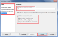 Captura de pantalla del asistente en el momento en que se pone el nombre de la tabla y finaliza el proceso.