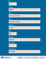 Imagen de un formulario sobre una tabla de libros en el que muestra cada campo con su encabezado y el valor del registro seleccionado. En la parte inferior podemos ver la  barra de navegación con los típicos botones de avance, retroceso y búsqueda de registros, así como el índice del registro en que estamos.