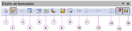 Barra de herramientas Diseño de Formulario con los botones etiquetados con números.