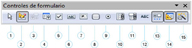 Barra de herramientas Controles de Formulario con los botones etiquetados con números.