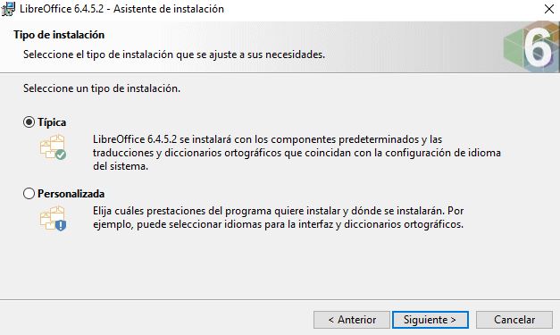Ilustración en donde se puede ver los dos tipos de instalación que se puede seleccionar para continuar el proceso de instalación.
