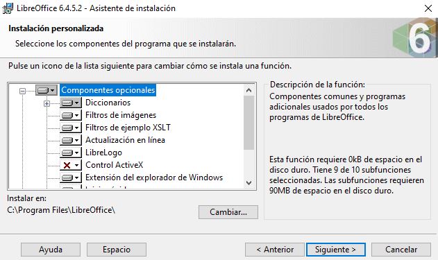 Ilustración donde se muestra la ventana cuando seleccionamos el tipo de instalación Personalizada.