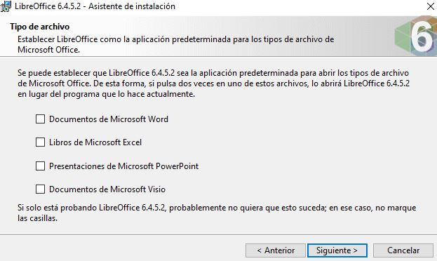 Ilustración donde se muestra los tipos de ficheros que se abrirán con las aplicaciones que componen LibreOffice de forma predeterminada.