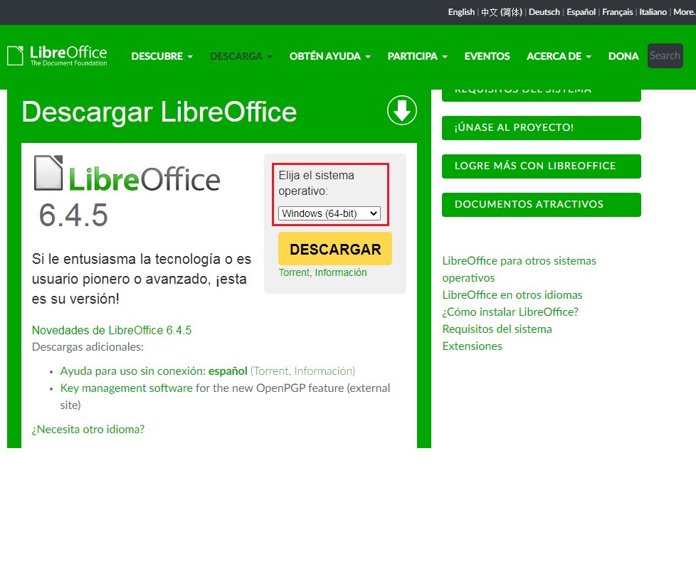 Ilustración que muestra la página donde puede descargarse la aplicación LibreOffice.