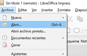 Imagen que muestra la opción de abrir una presentación a través de la aplicación Impress.