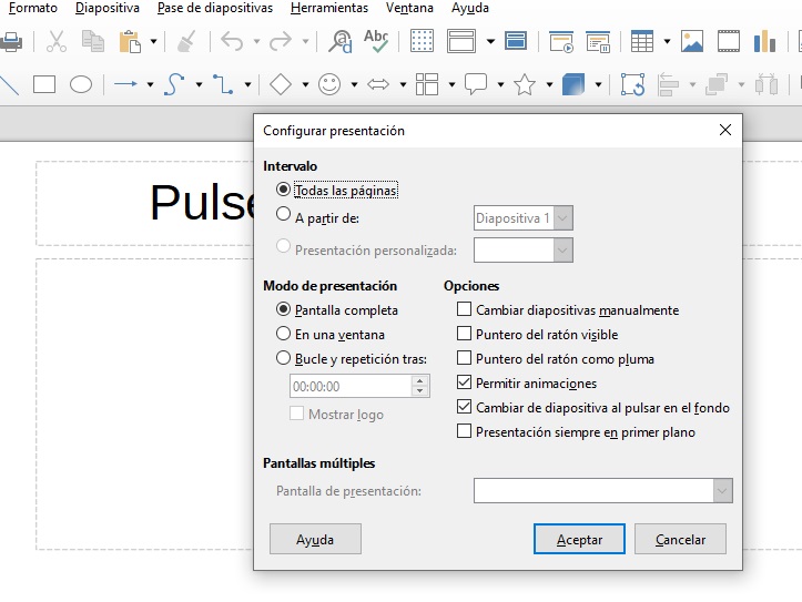 Imagen que muestra la configuración de una presentación.