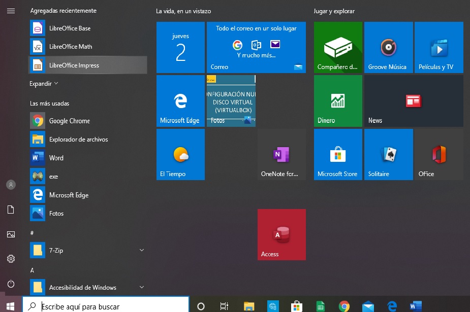Imaeb que muestra el menú de Inicio de Windows para acceder a Impress